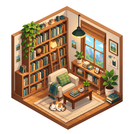 ห้องอ่านหนังสือ isometric แสนอบอุ่น มีชั้นหนังสือ เก้าอี้นวม และแมวนอนหลับ